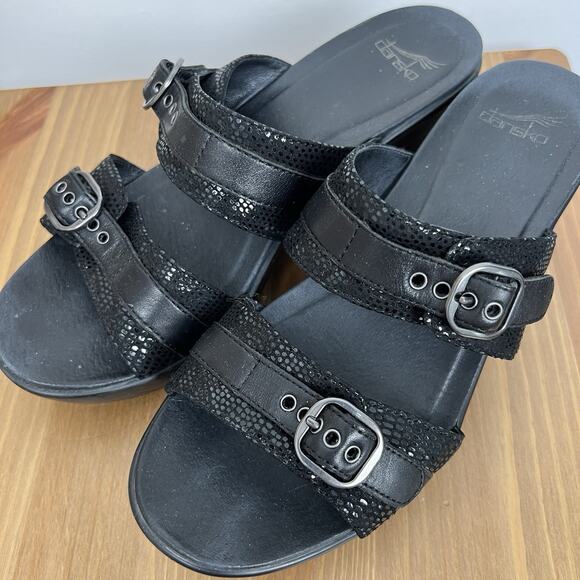 Dansko Jessie EU 40 US 9 Black Leather Strap Slip On Wedge Platform Sandal - Picture 1 of 6